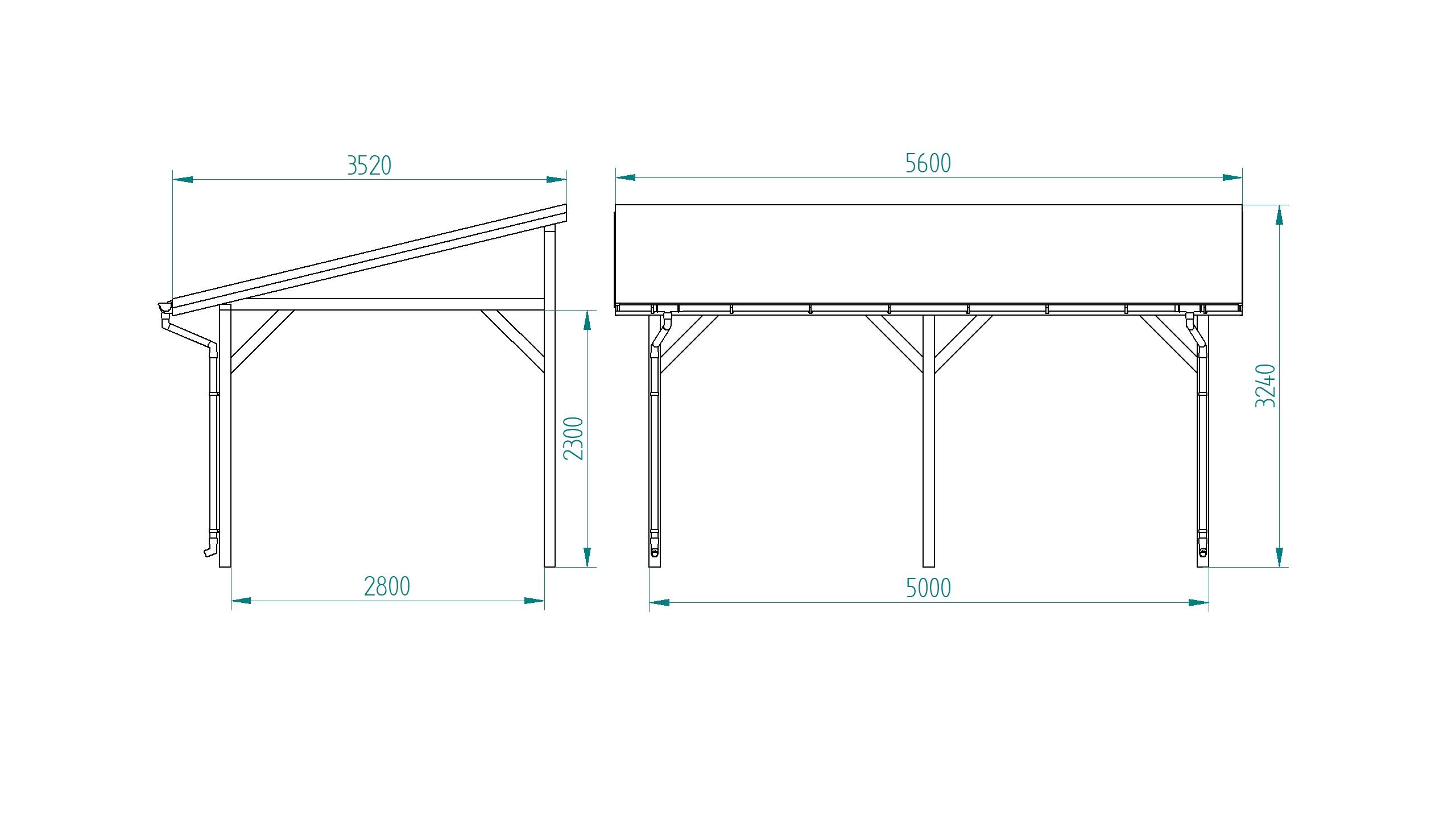 Schemat techniczny zadaszenia z drewna na samochód – widok z boku i z przodu z wymiarami konstrukcji