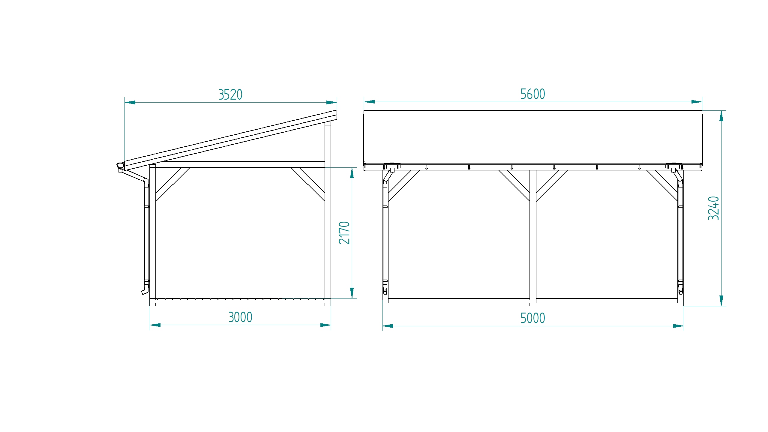 Schemat techniczny zadaszenia tarasu z drewna – widok z boku i z przodu z wymiarami konstrukcji