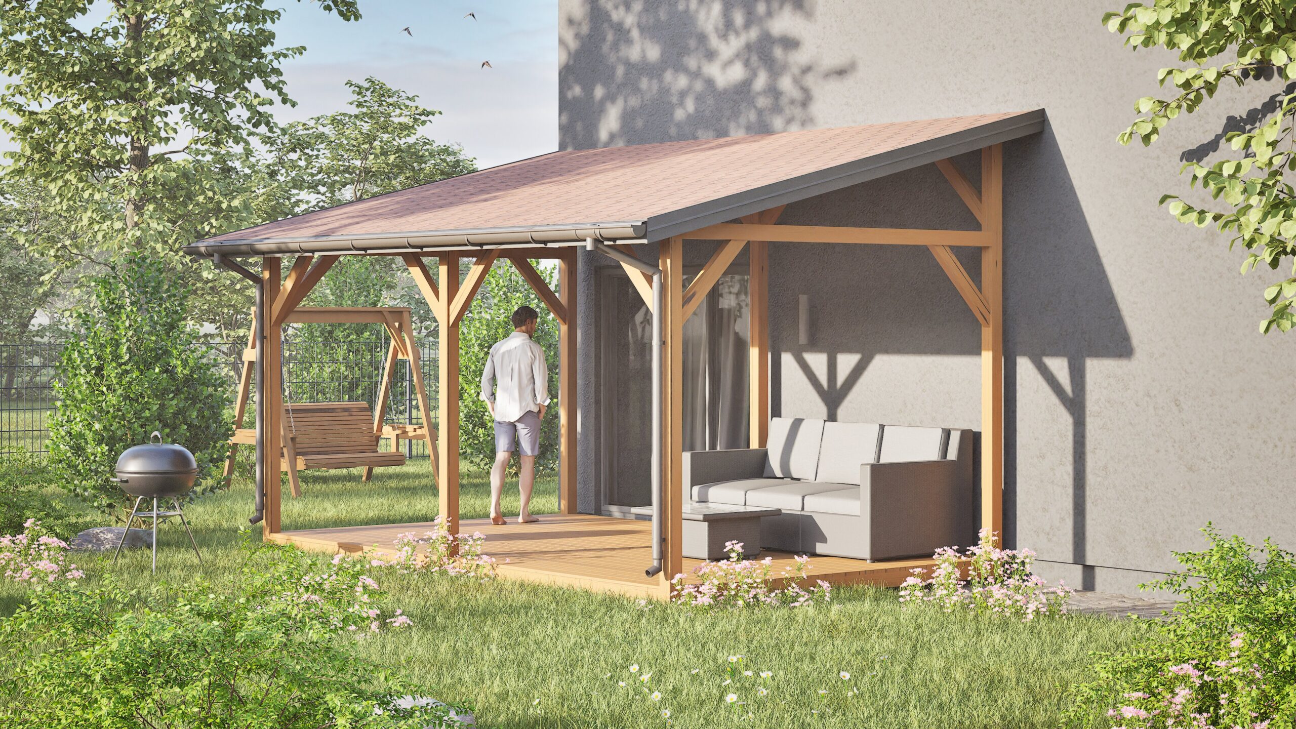 Drewniane zadaszenie tarasu – widok przy budynku